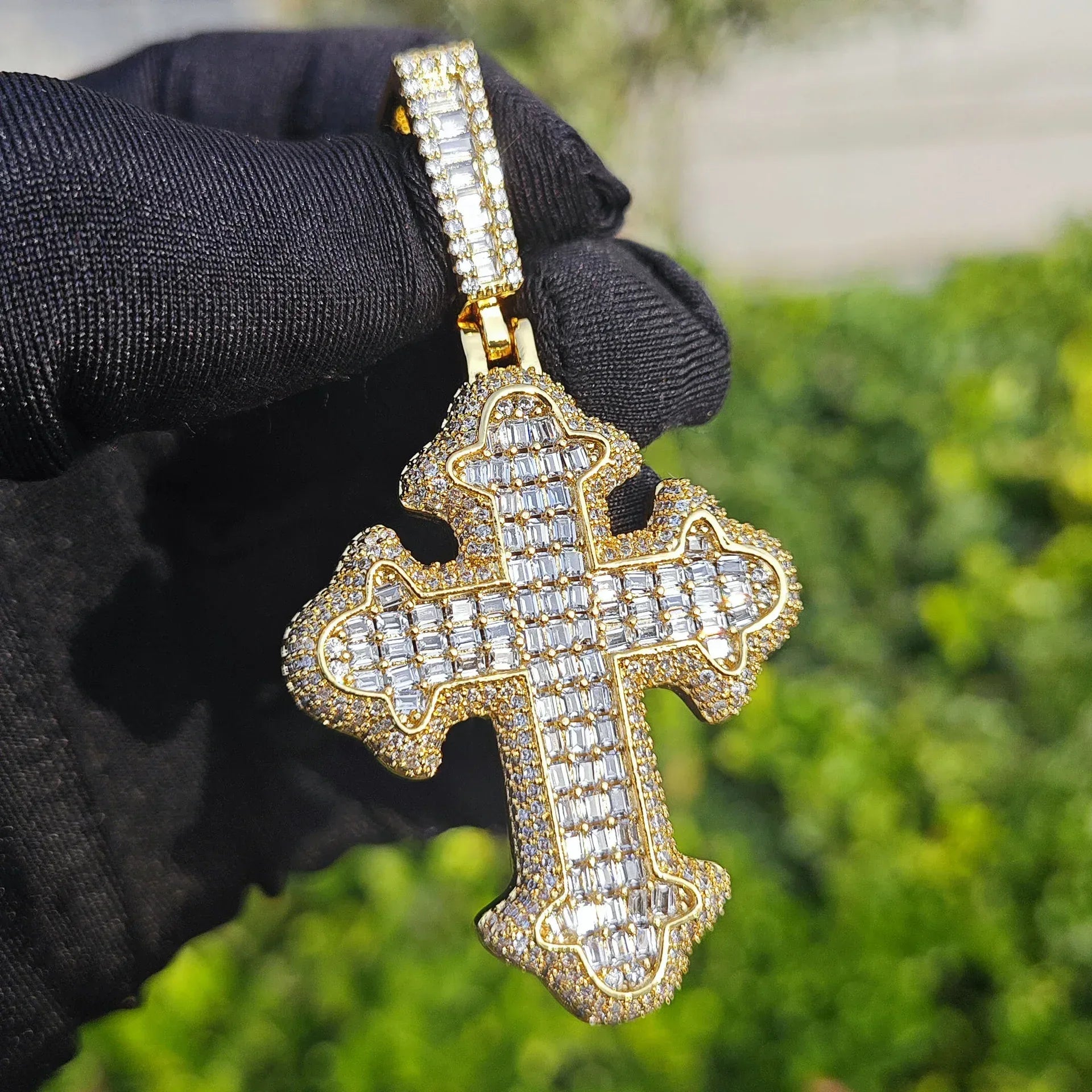 Iced Out Step-Cut Cross Pendant Necklace- Hip Hop CZ - CaratixJewelry